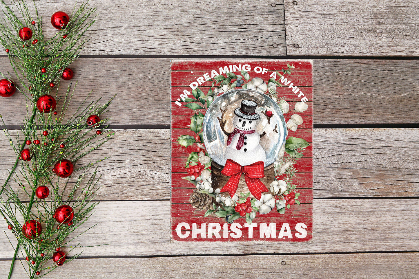 Muñeco de nieve soñando con una Navidad blanca impresa hecha a mano letrero de madera