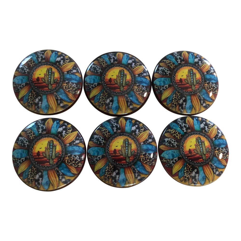 Set of 6 Desert Sunflower Wood Cabinet Knobs