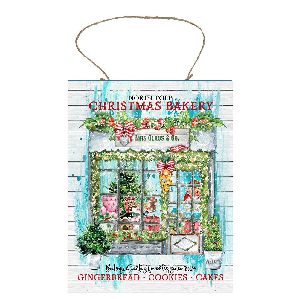 Letrero de madera hecho a mano impreso de panadería navideña del Polo Norte (7" x 9")