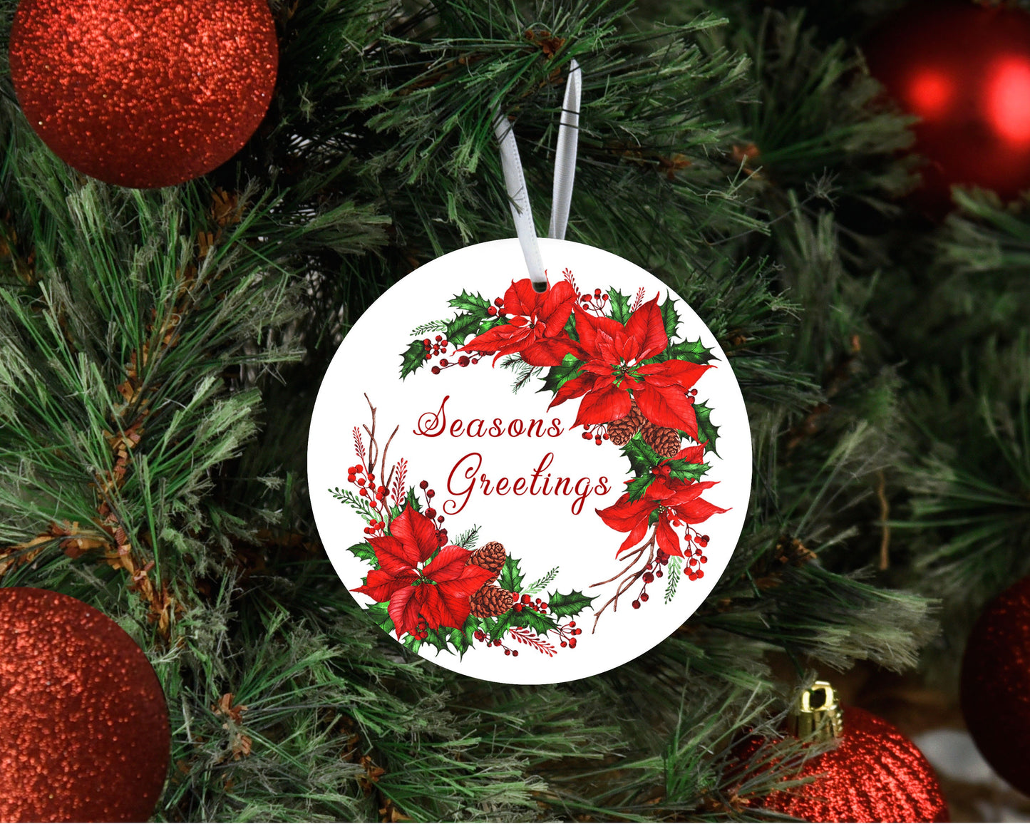 Seasons Greetings Red Poinsettia Wreath Ceramic Christmas Ornament