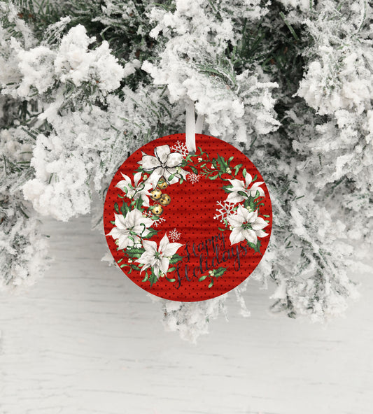 White Poinsettia Wreath on Red Ceramic Christmas Ornament