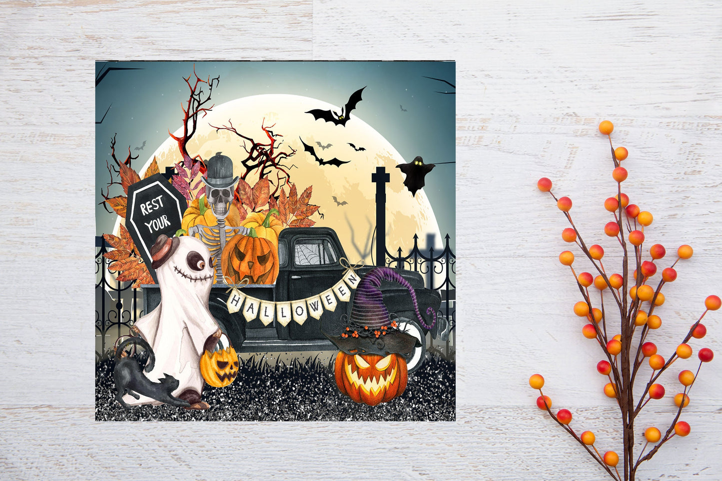 Halloween Truck Ghost Printed Handmade Wood Mini Sign (5" x 5")