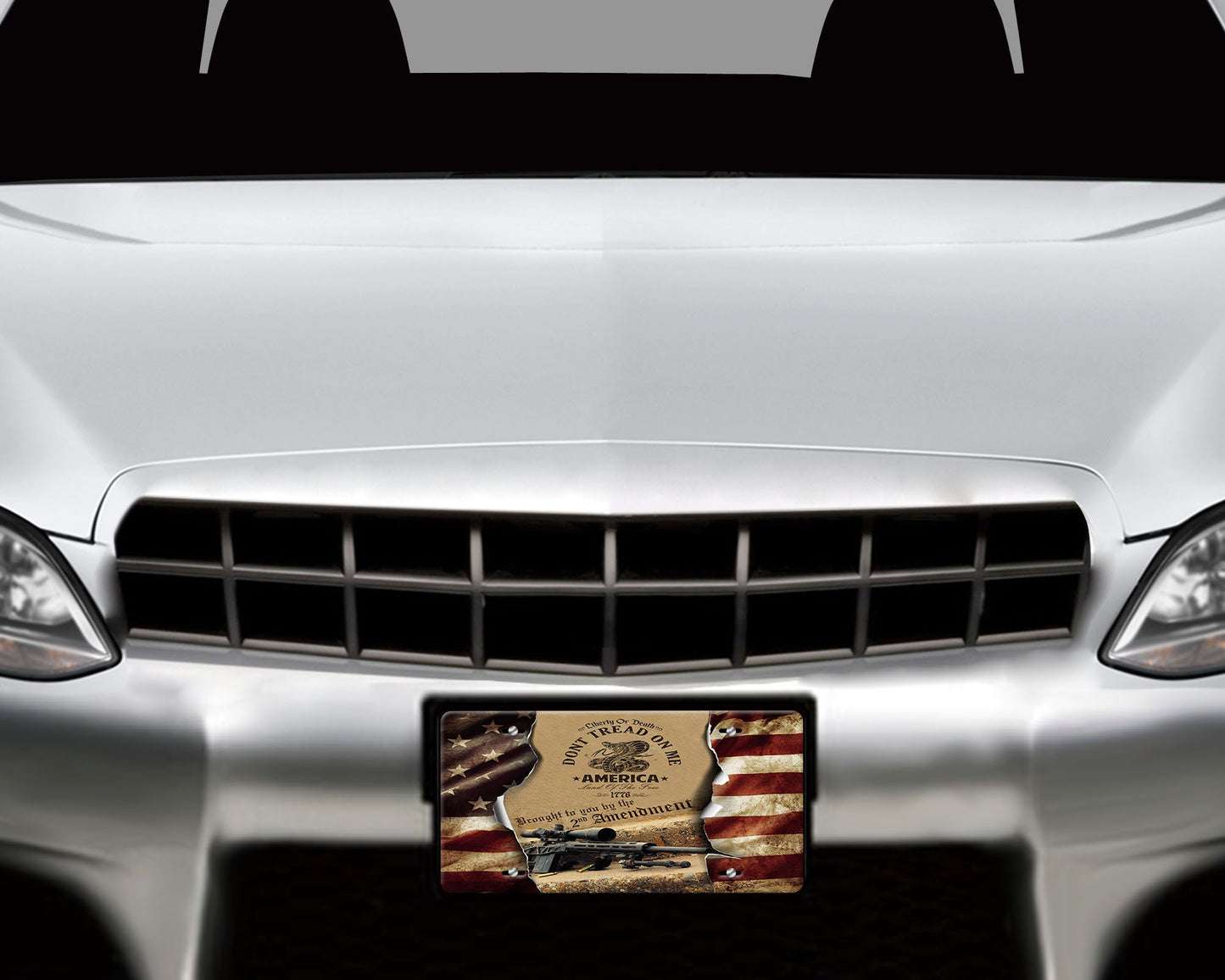 2nd Amendment American Flag Aluminum Front License Plate and Car Coaster Set