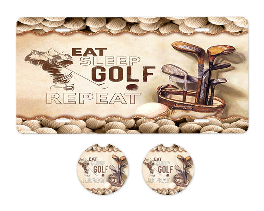 Eat Sleep Golf Repeat Aluminum Front License Plate and Car Coaster Set