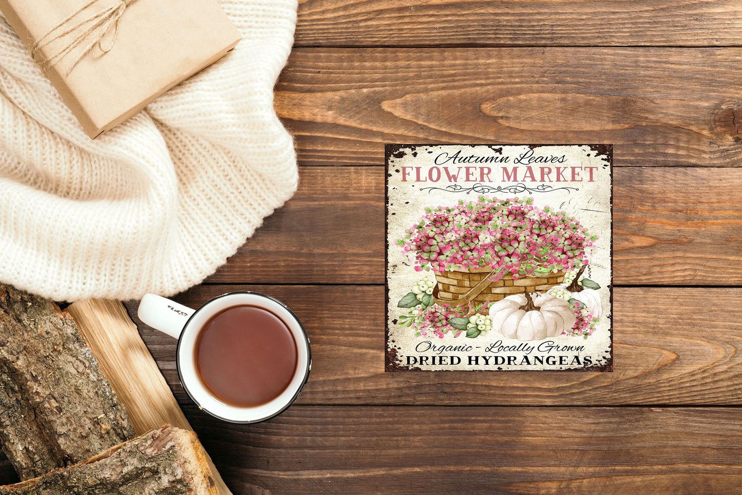 Autumn Leaves Flower Market Fall Printed Handmade Wood Mini Sign