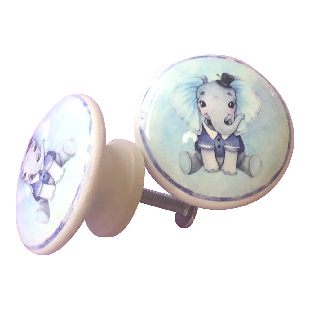 Set of 6 Baby Boy Elephant Print Wood Cabinet Knobs