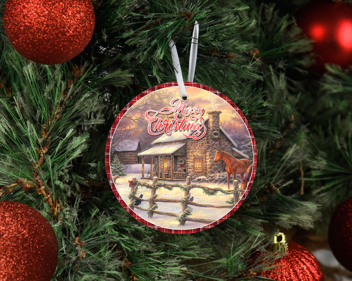 Woodland Cottage Feliz Navidad Adorno navideño de cerámica redondo