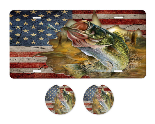 American Flag Fishing Aluminum Front License Plate and Car Coaster Set