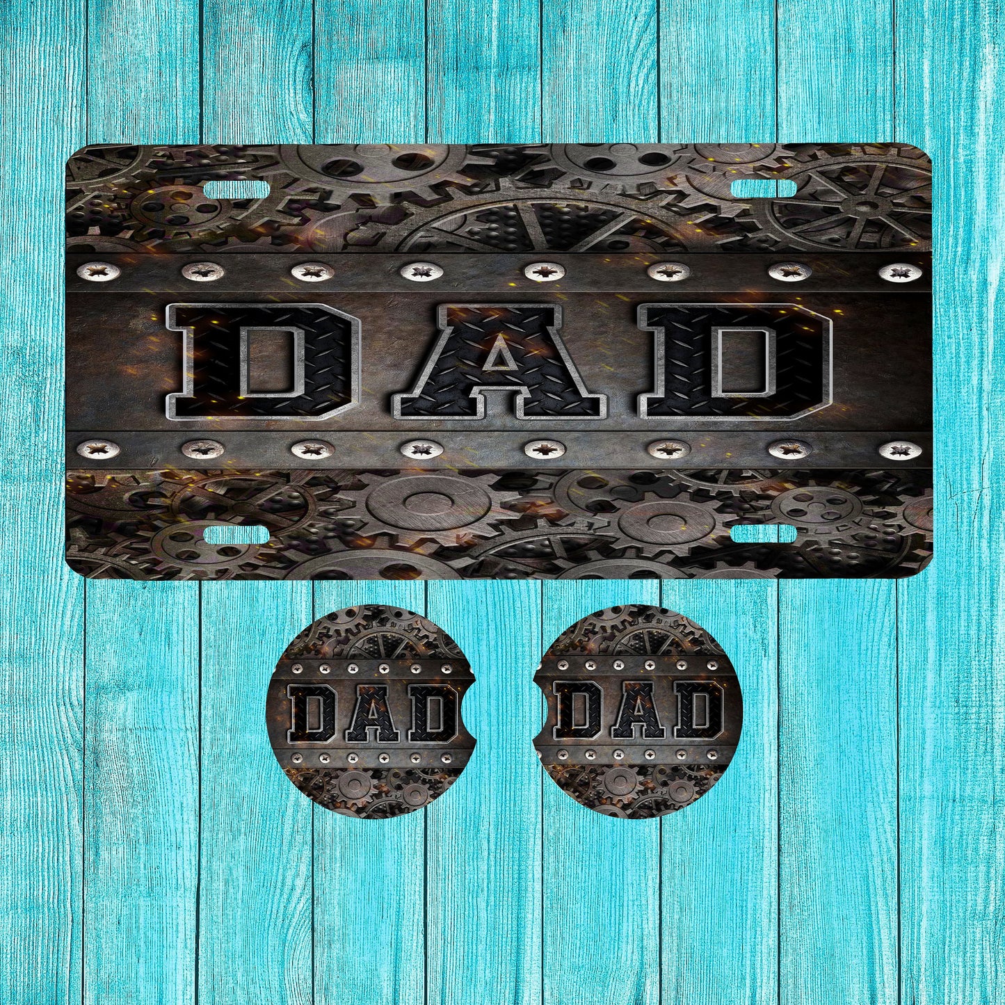 Dad Gears Aluminum Front License Plate and Car Coaster Set