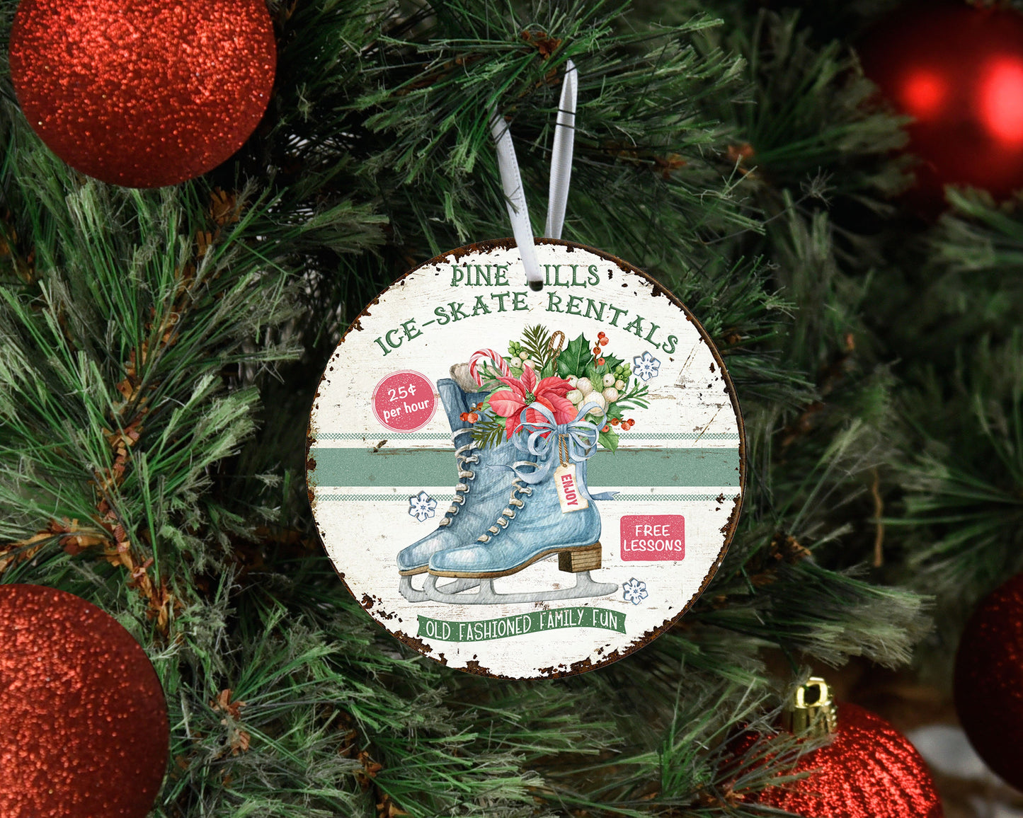 Adorno navideño de cerámica redondo de alquiler de patines sobre hielo
