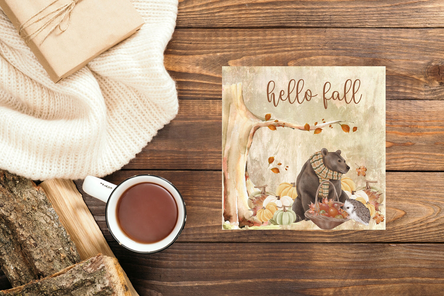 Hello Fall Bear Printed Handmade Wood Mini Sign (5" x 5")
