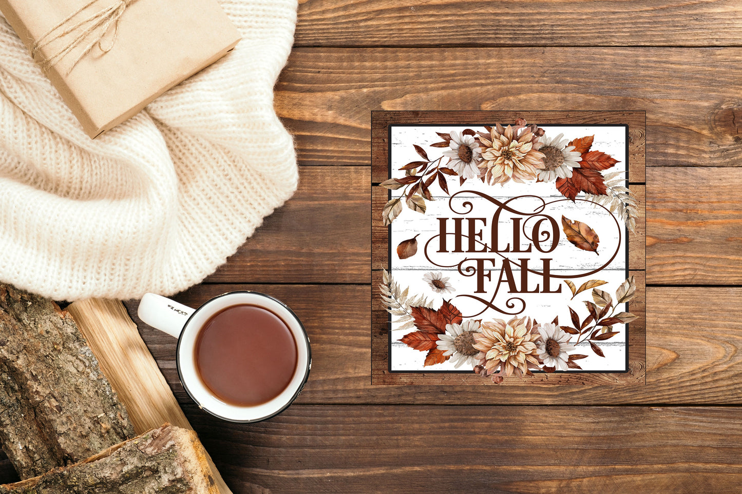 Hello Fall Printed Handmade Wood Mini Sign