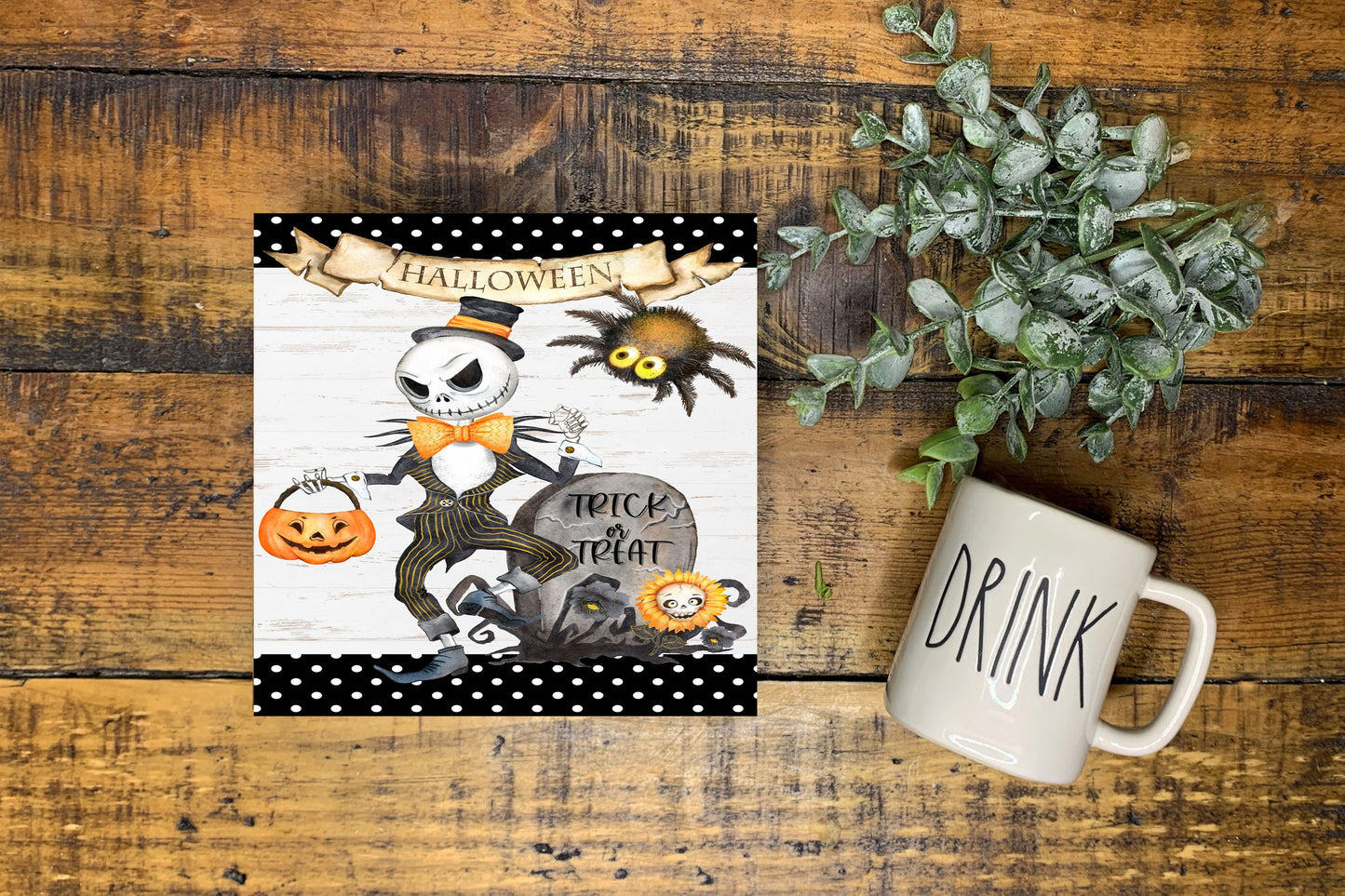 Skeleton Trick or Treat Printed Handmade Wood Mini Sign (5" x 5")