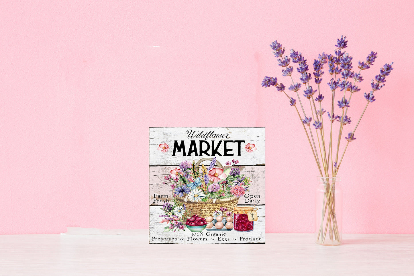 Mini letrero de madera hecho a mano impreso del mercado de flores silvestres