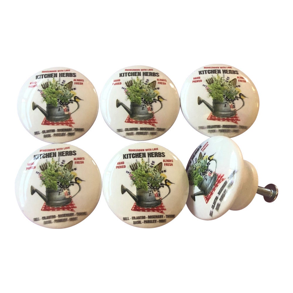 Set of 6 Kitchen Herbs Print Wood Cabinet Knobs
