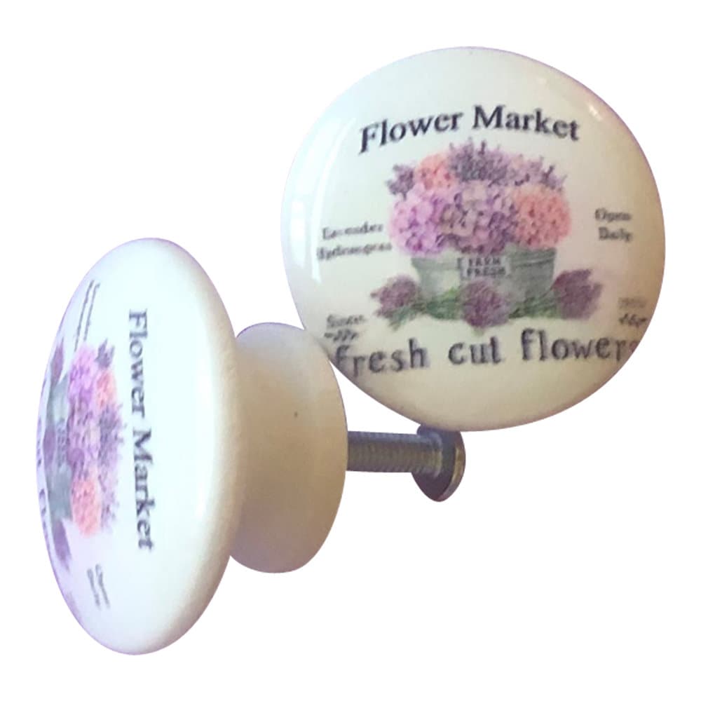 Juego de 6 pomos de madera con estampado floral de lavanda y hortensias