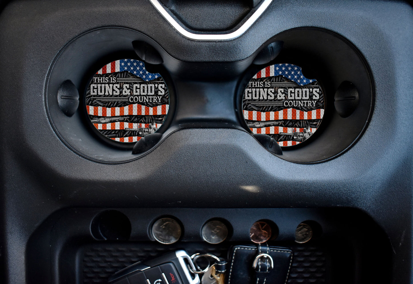 Guns and God's Country Patriotic Aluminum Front License Plate and Car Coaster Set