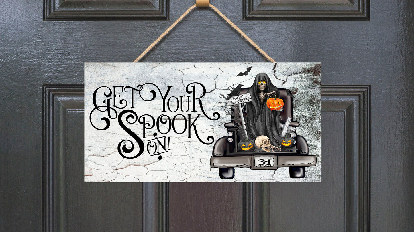 Consigue tu fantasma en el letrero de madera hecho a mano impreso de Halloween