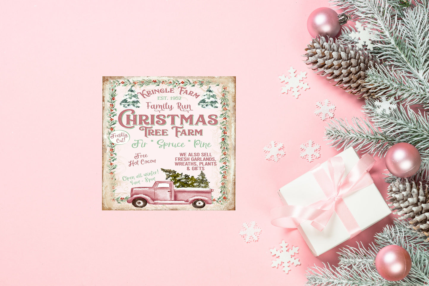 Pink Kringle Christmas Tree Farm Printed Handmade Wood Christmas Ornament Mini Sign (5" x 5")