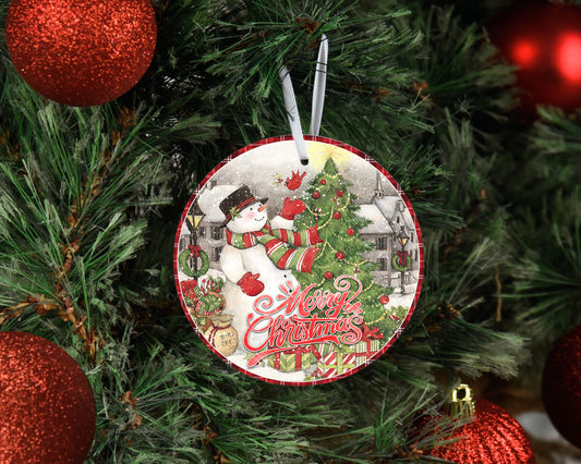 Vintage Snowman Merry Christmas Round Ceramic Christmas Ornament