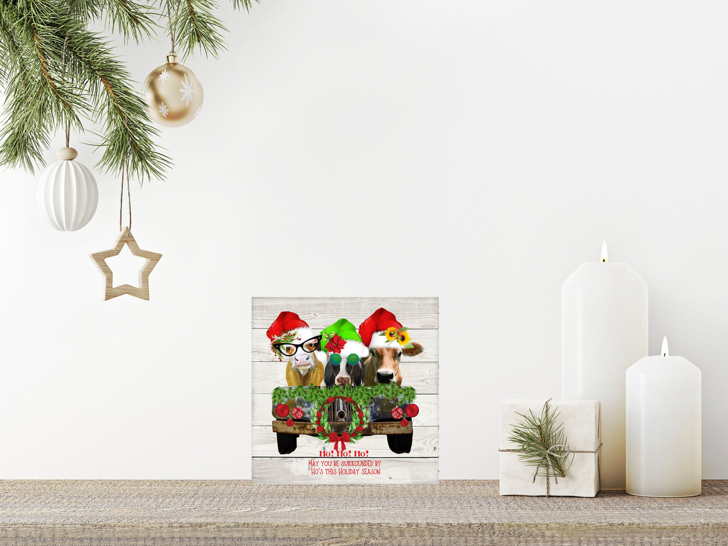 Ho Ho Ho Cows Printed Handmade Wood Christmas Ornament Mini Sign