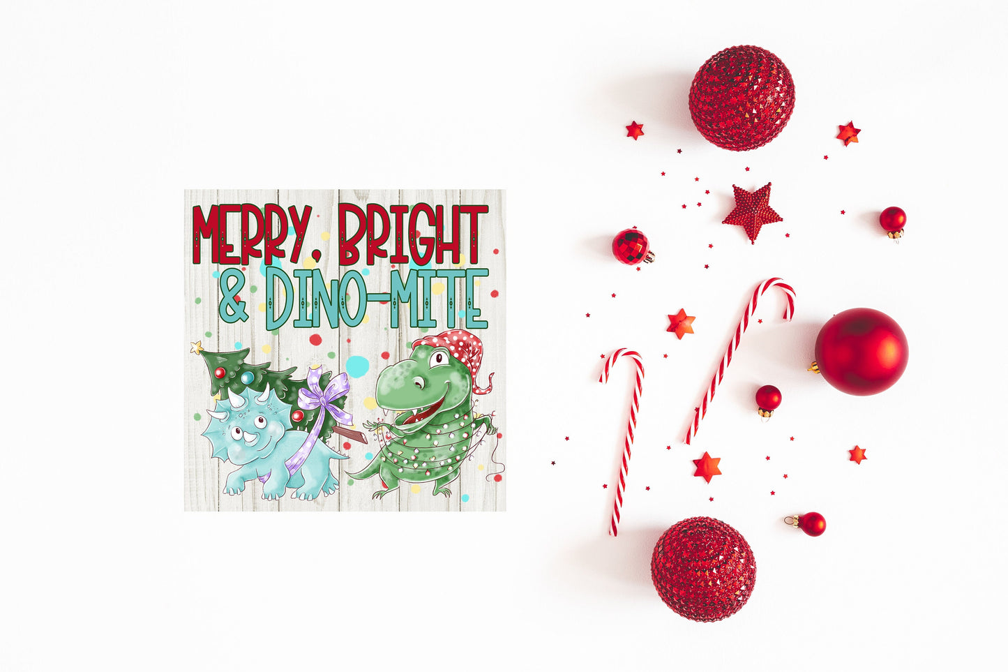 Merry Bright Dino Mite Printed Handmade Wood Christmas Ornament Mini Sign