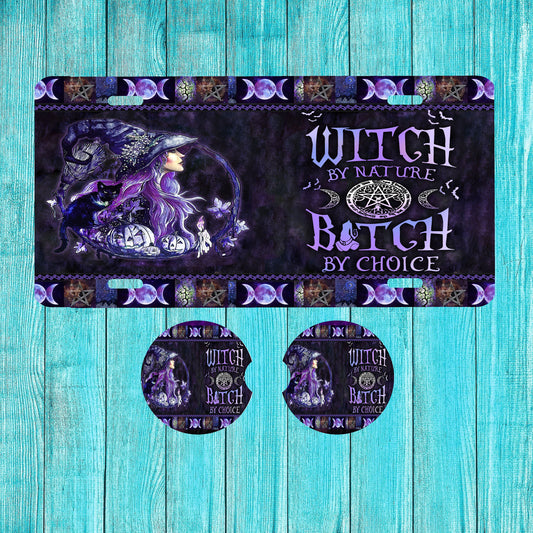 Witch by Nature Aluminum Front License Plate and Car Coaster Set