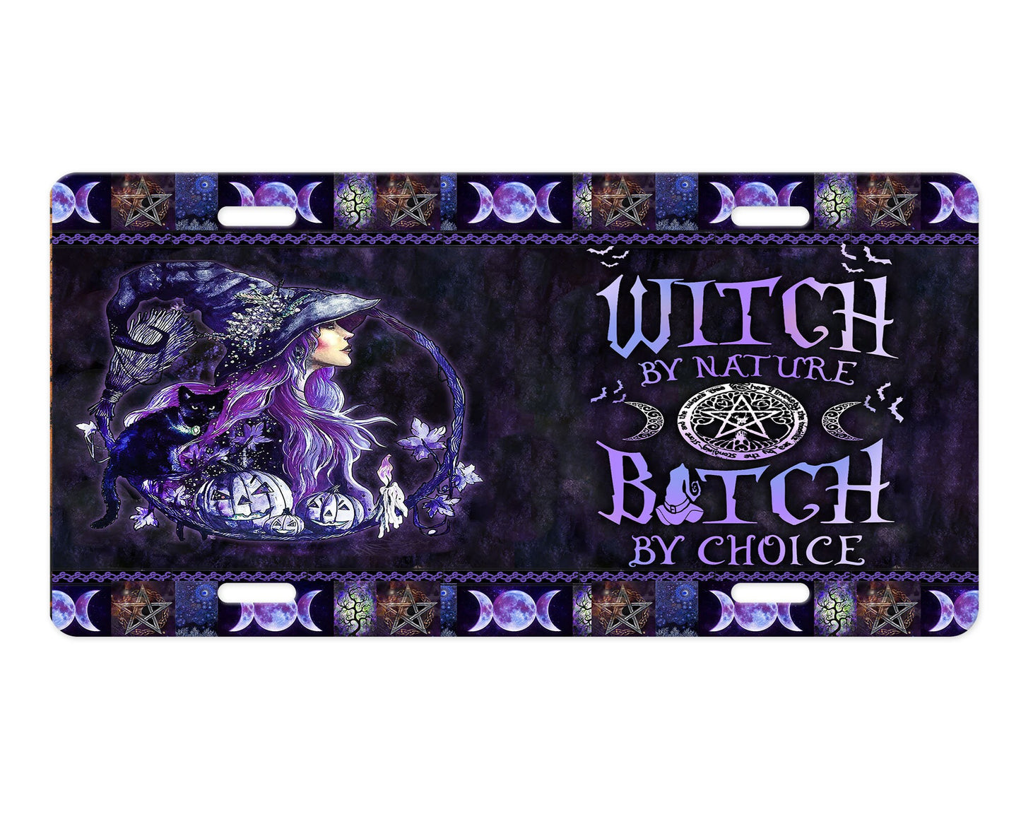 Witch by Nature Aluminum Front License Plate and Car Coaster Set