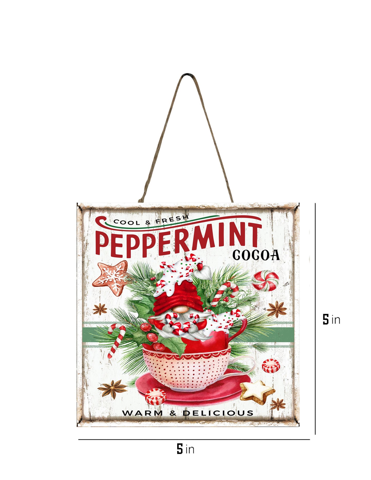 Peppermint Hot Cocoa Christmas Printed Handmade Wood Christmas Ornament Mini Sign (5" x 5")