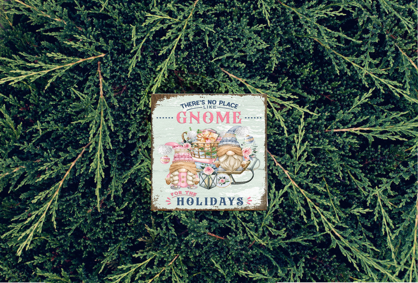 There's Gnome Place Like Home Pink and Blue Printed Handmade Wood Christmas Ornament Mini Sign