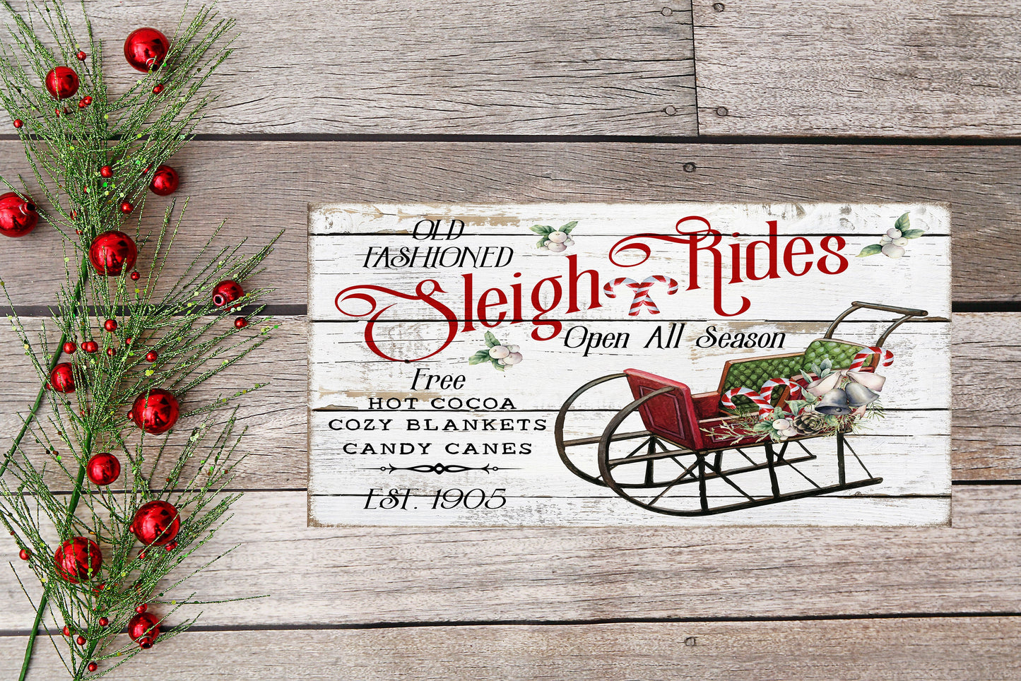 Paseos en trineo abiertos toda la temporada Navidad impreso hecho a mano letrero de madera