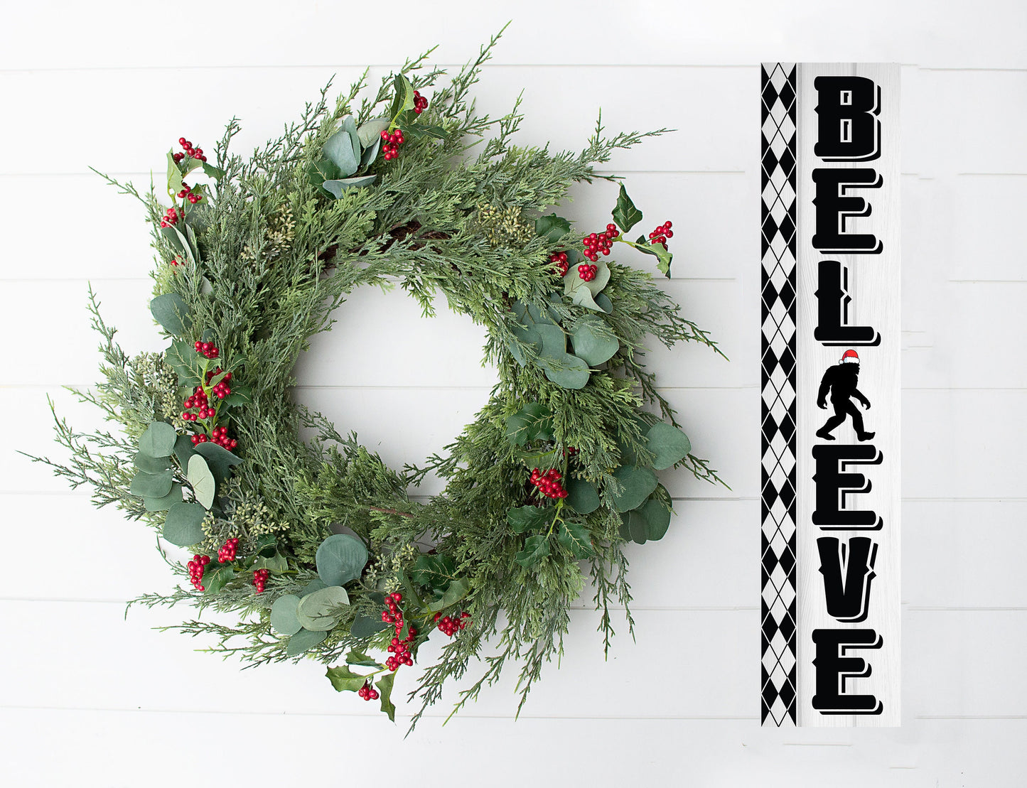 24 Inch (2 Foot Tall) Believe Bigfoot Christmas Vertical Wood Print Sign