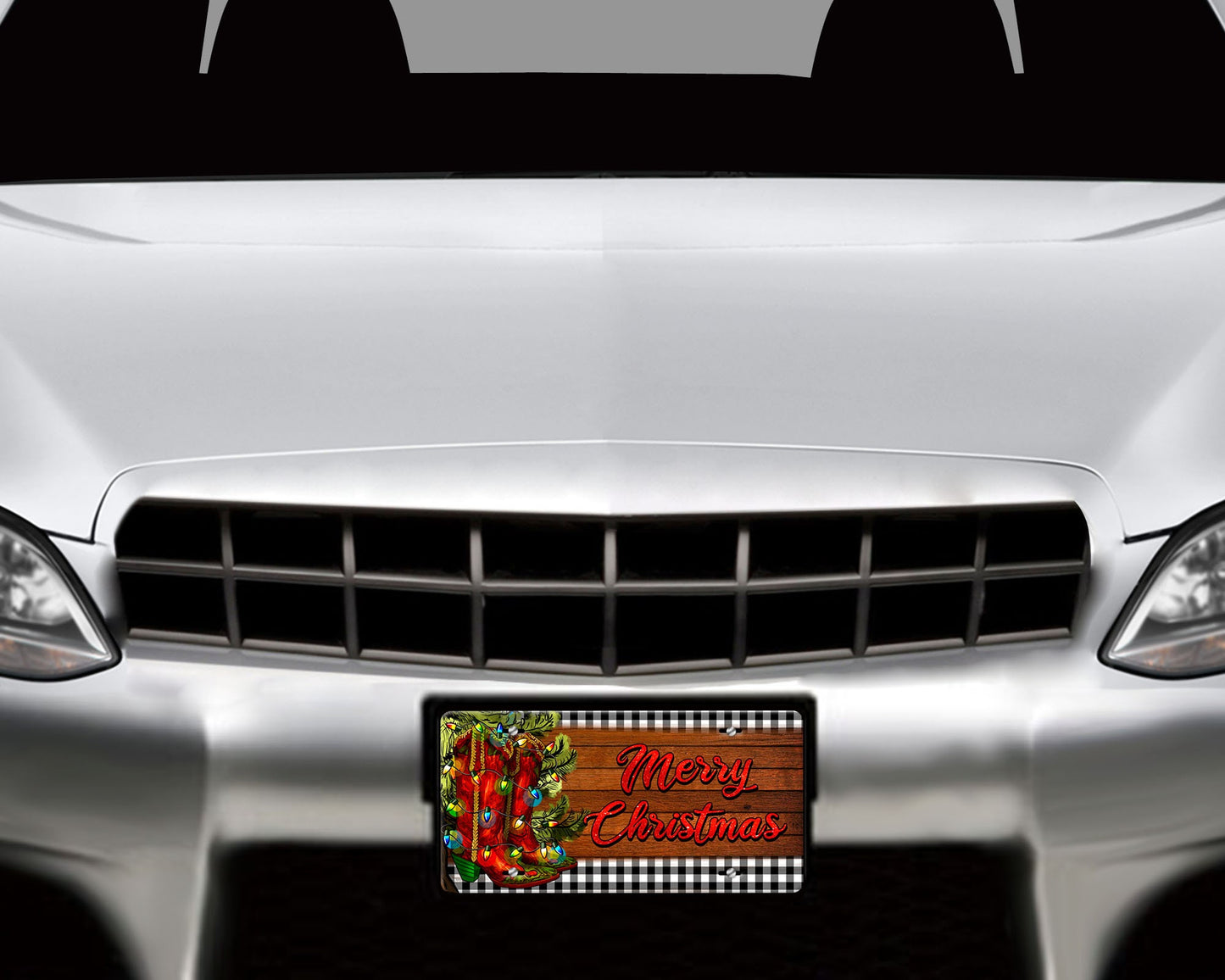 Merry Christmas Cowboy Boots Holiday Vanity Aluminum Front License Plate