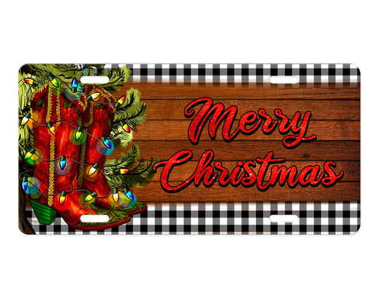 Merry Christmas Cowboy Boots Holiday Vanity Aluminum Front License Plate