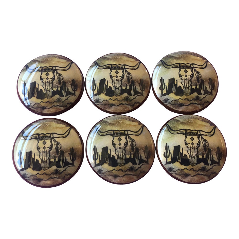 Conjunto de 6 perillas de gabinete de madera Desert Cowskull, perillas de cajón, perillas de cocina, decoración del suroeste