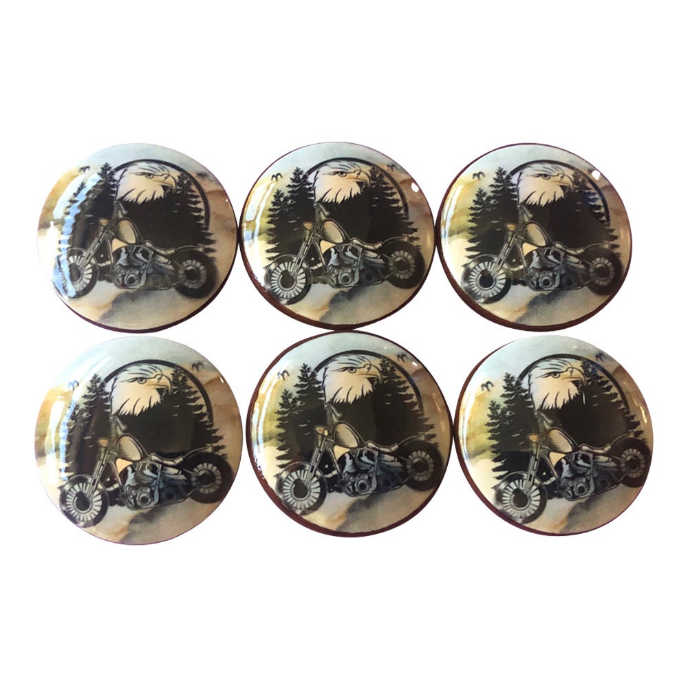 Juego de 6 pomos de madera para armario con estampado de águila de motocicleta