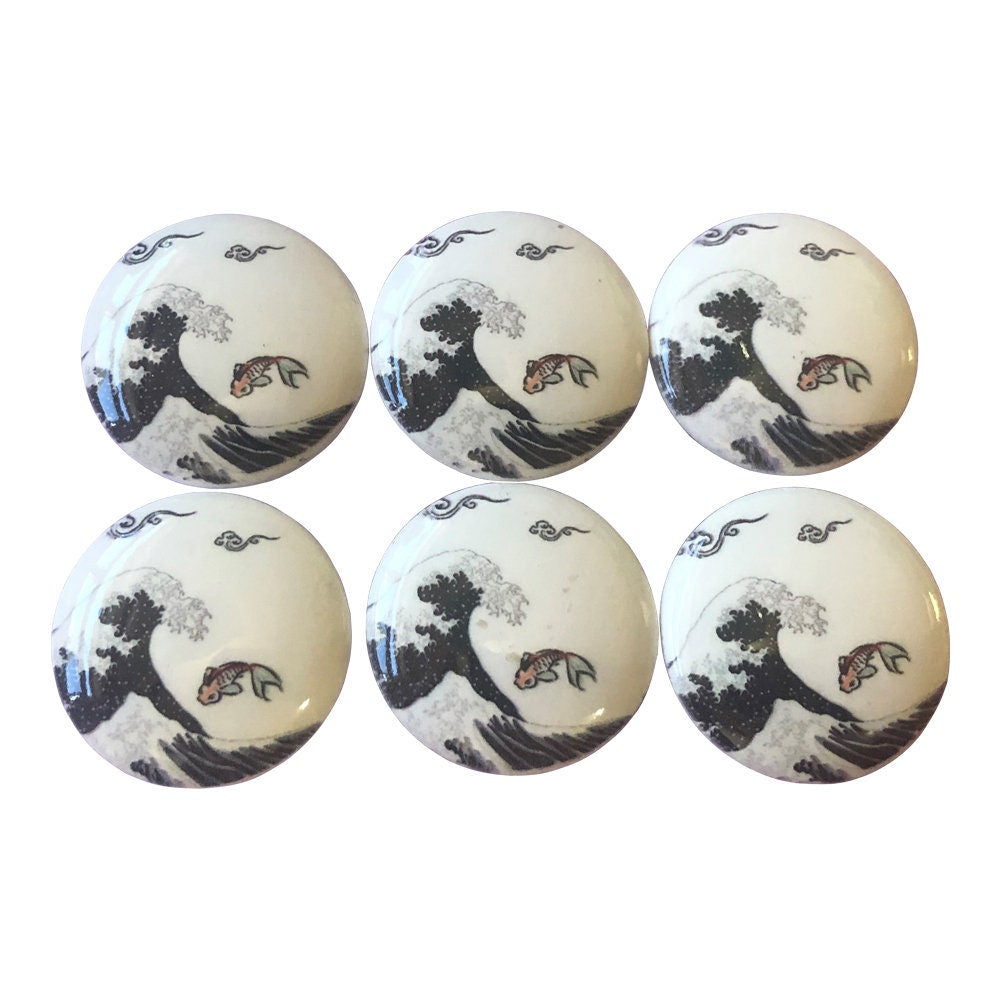 Conjunto de 6 perillas de gabinete de madera de onda japonesa, perillas de cajón de perillas de tocador, perillas de cocina,