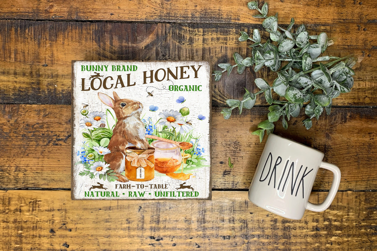 Mini letrero de madera hecho a mano con estampado de miel local de Bunny Brand
