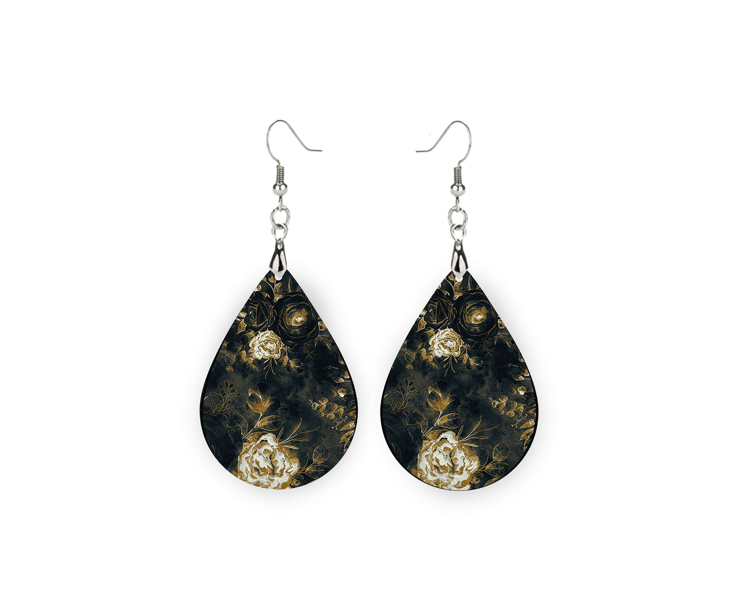 Gold White Floral Tear Drop Dangle Printed Earrings Jewelry Handmade