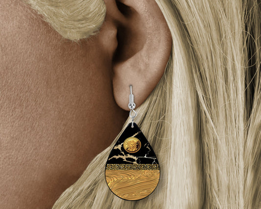 Greek Key Tear Drop Dangle Printed Earrings Jewelry Handmade