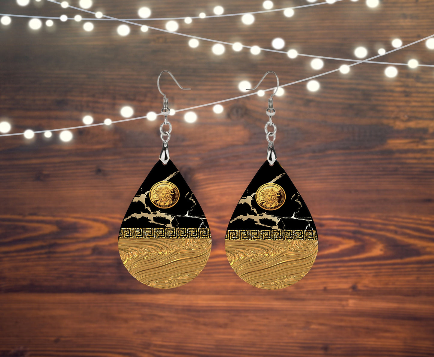 Greek Key Tear Drop Dangle Printed Earrings Jewelry Handmade