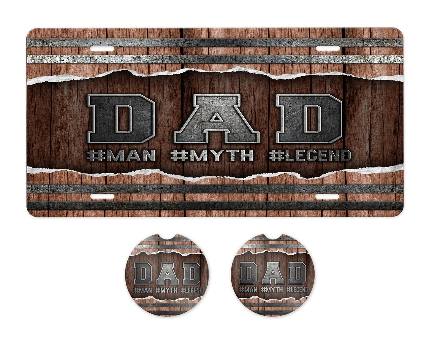 Barrel Dad Aluminum Front License Plate and Car Coaster Set