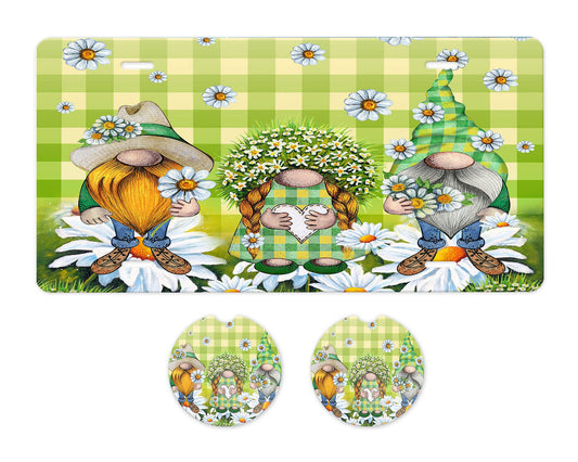 Chamomile Daisy Gnomes Aluminum Front License Plate and Car Coaster Set