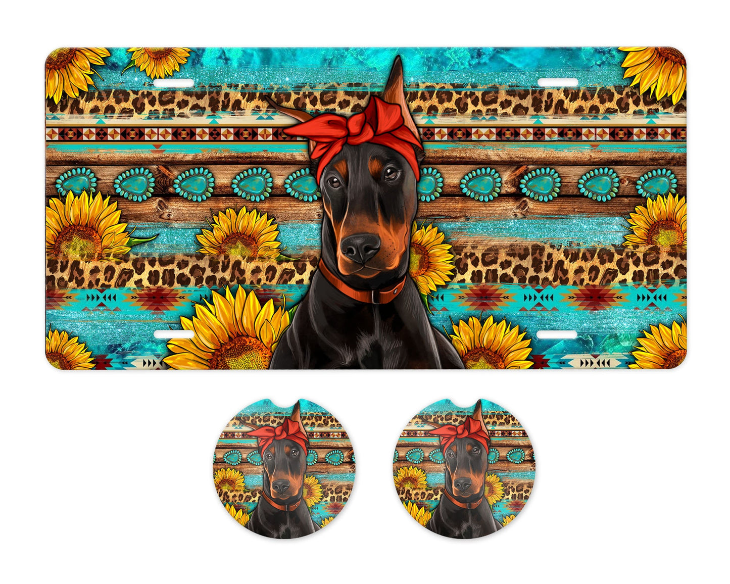 Juego de posavasos para coche y placa frontal de aluminio con diseño de perro Doberman Pincher y girasoles