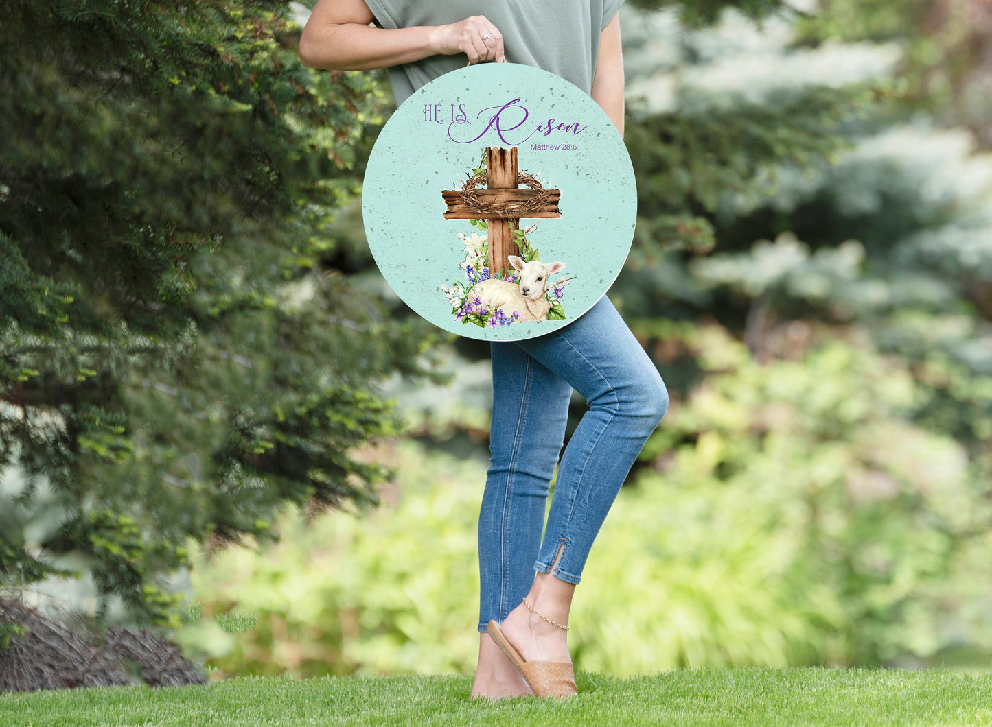 He is Risen Easter Lamb Round Printed Handmade Wood Sign Door Hanger