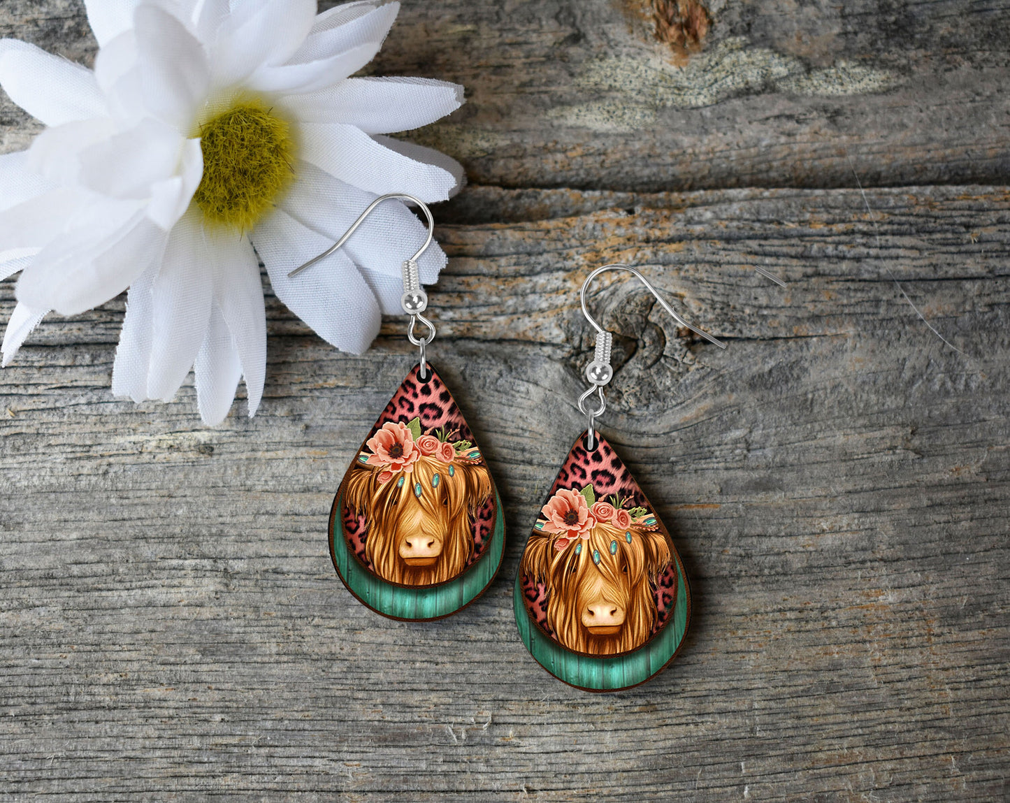 Highland Cow Western Tear Drop Dangle Printed Earrings Jewelry Handmade