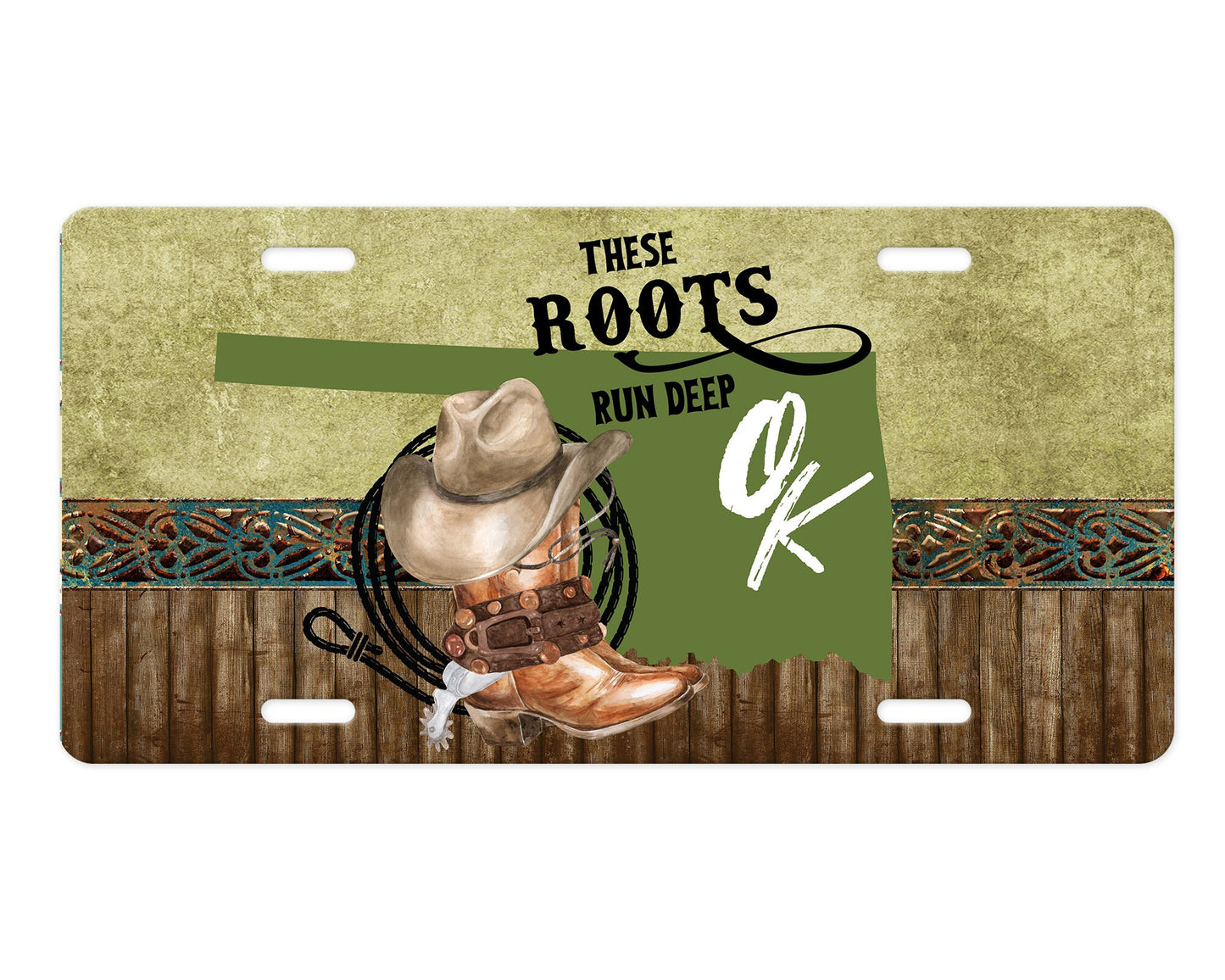 Oklahoma Roots Run Deep Green Vanity Aluminum Front License Plate Car Accessory