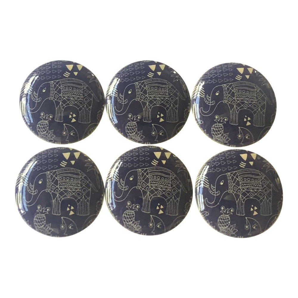Set of 6 Blue Tribal Elephants Print Wood Cabinet Knobs