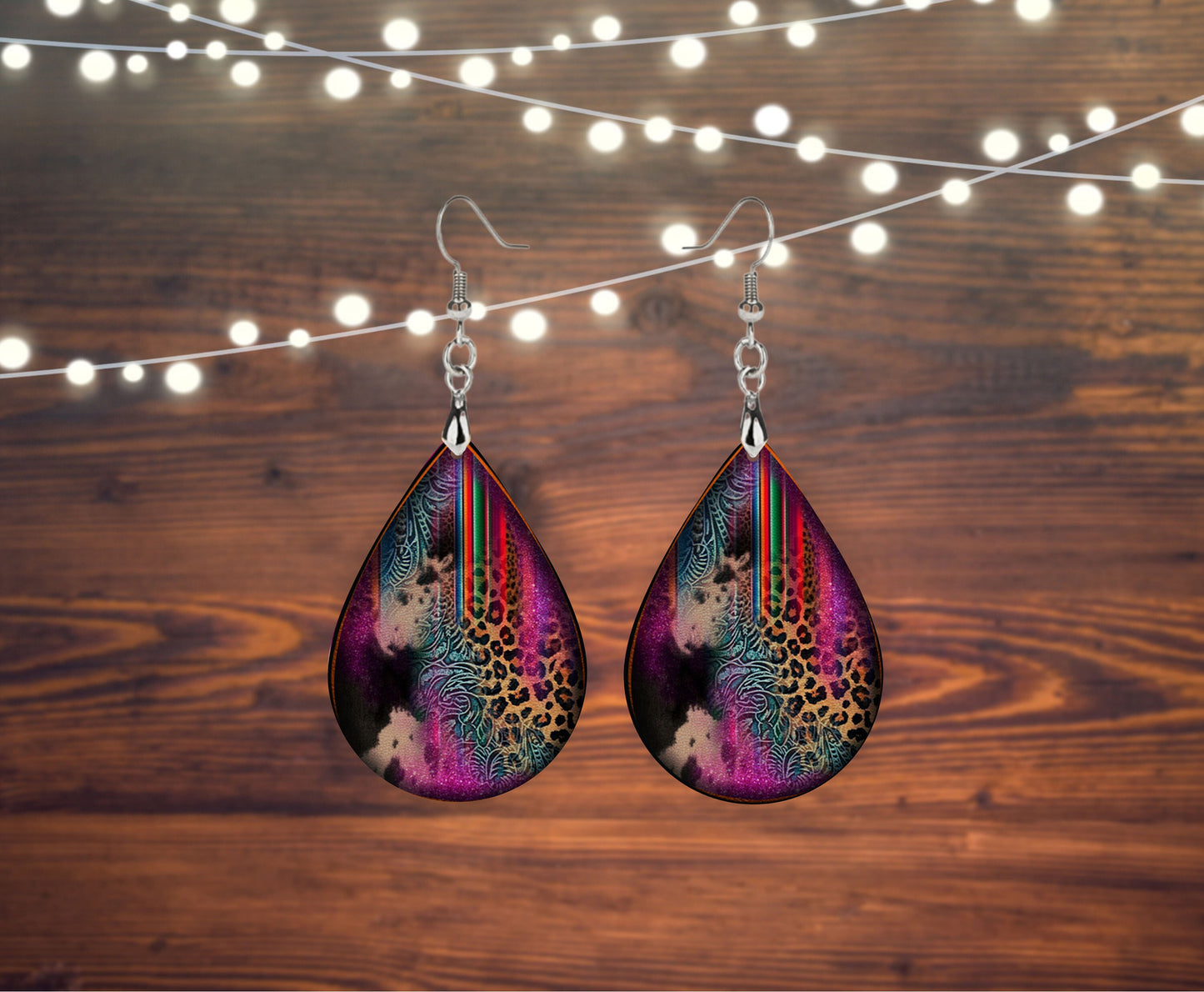 Reanna Western Wood Print Tear Drop Dangle Pendientes impresos joyería hecha a mano