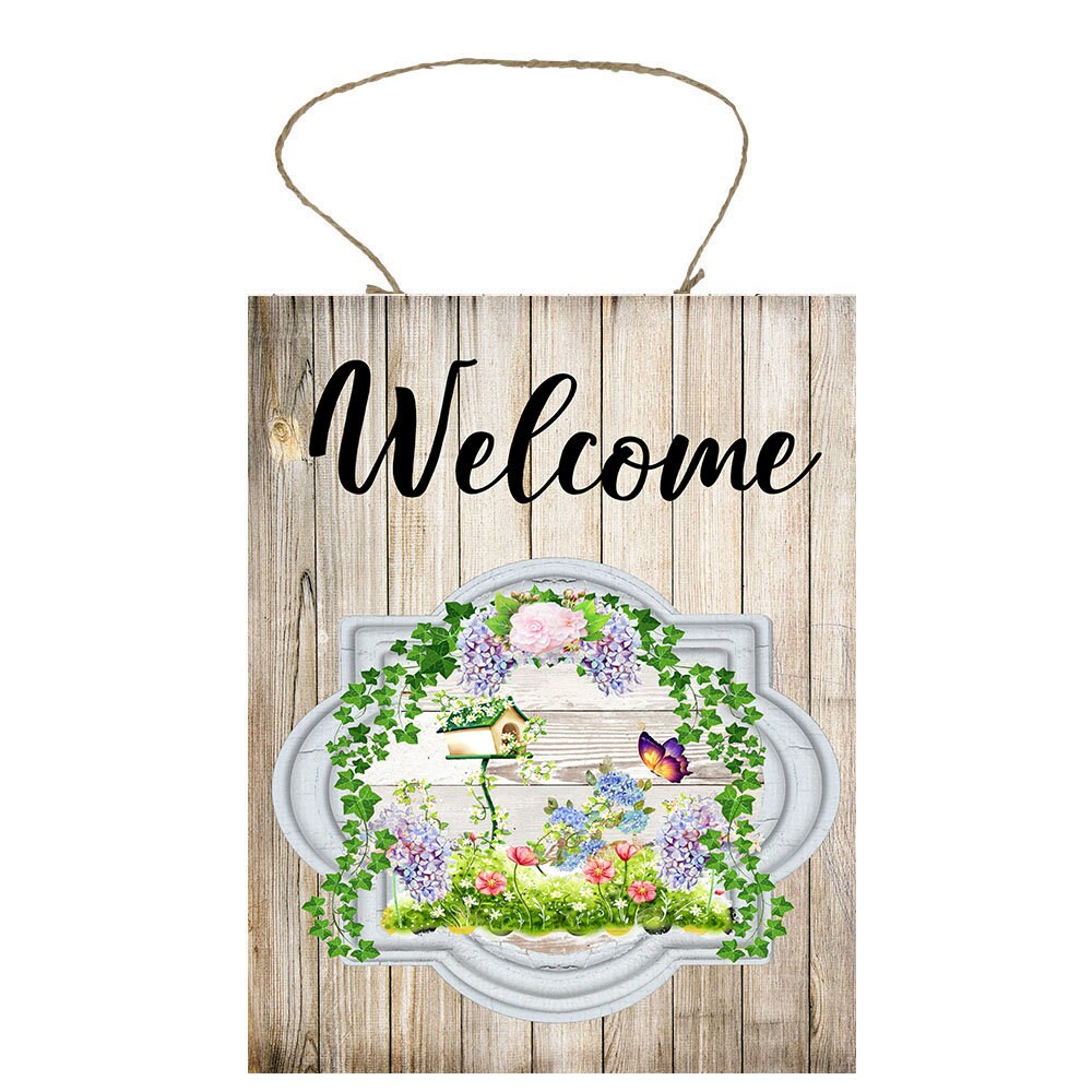 Letrero de madera hecho a mano con estampado de jardín de bienvenida